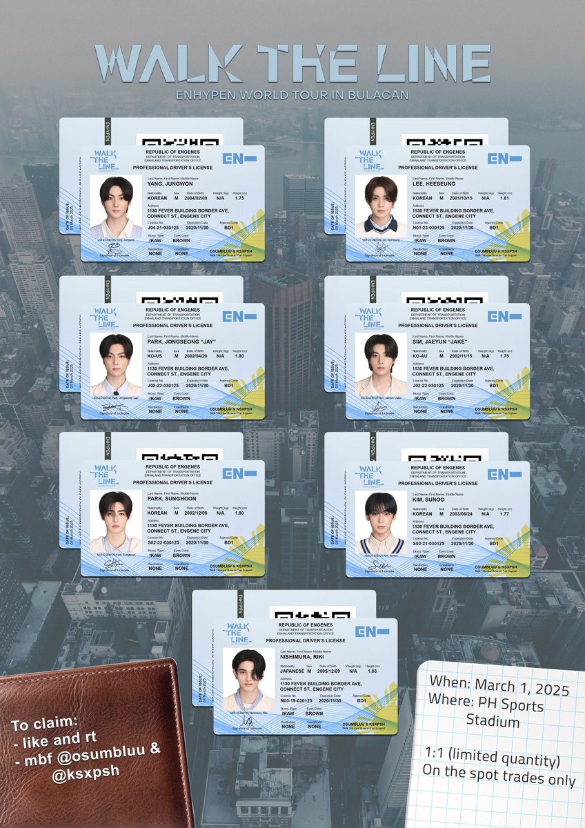 𝙀𝙉𝙃𝙔𝙋𝙀𝙉 : 𝙒𝘼𝙇𝙆 𝙏𝙃𝙀 𝙇𝙄𝙉𝙀 𝙄𝙉 𝘽𝙐𝙇𝘼𝘾𝘼𝙉

fan support by: <a href="/ksxpsh/">lex</a> 
&amp; <a href="/osumbluu/">loki❤️sunoo cse🖤</a> 

ᯓ★ “labas mo ID mo sir!”
OT7 ID Card

⑅ mbf, like, &amp; rt to claim
⑅ strictly 1:1 
⑅ can trade on dday
⑅ exact loc: tba (will priv on dday)
⑅ limited qty