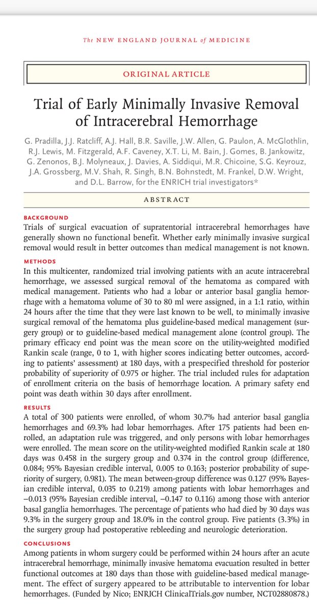 Among patients in whom surgery could be performed within 24 hours after an acute
Lobar intracerebral hemorrhage, minimally invasive hematoma evacuation resulted in better functional outcomes at 180 days than those with guideline-based medical management.