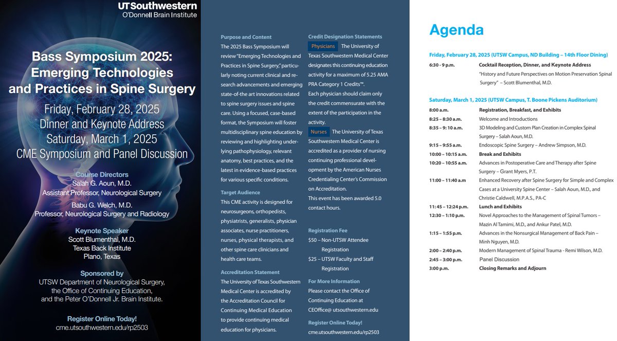 SalahGAoun's tweet image. Join us for our Technology in Spine symposium!
This year's Bass symposium aims to showcase advances in spine surgery technically and technologically at UTSW to healthcare providers of all levels. @UTSWMedCenter @utswspine