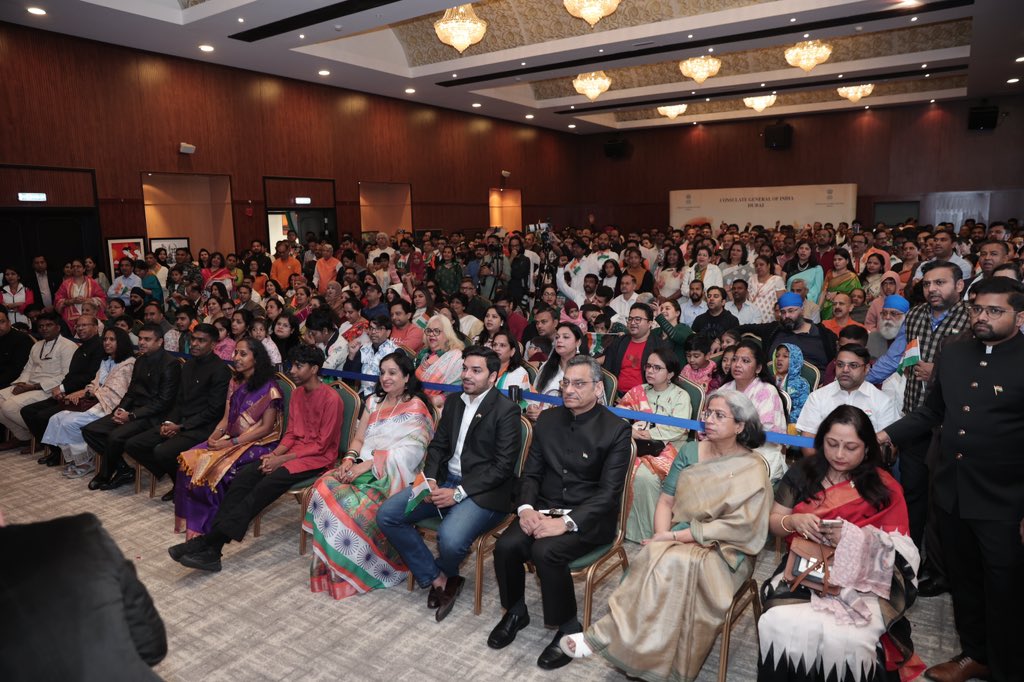 cgidubai's tweet photo. Consul General Shri Satish Sivan unfurled #Tricolor on the occasion of 76th Republic Day of India.The vibrant🇮🇳community, filled with the spirit of fervor &amp; pride, joined him in singing the National Anthem, followed by the Consul General's presidential address &amp; cultural program. https://t.co/FQ4PebmpZC