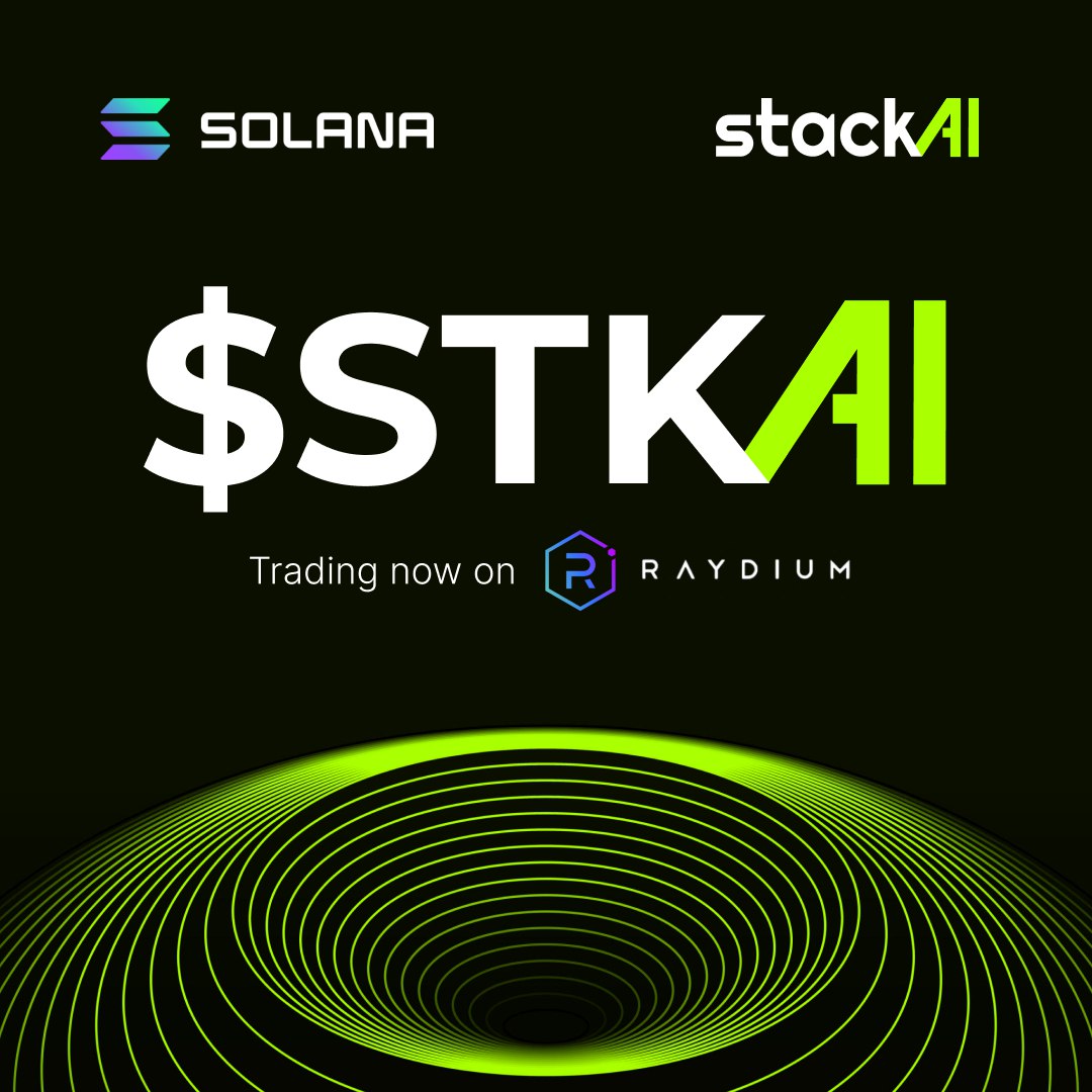 StackAI is now live and trading on <a href="/solana/">Solana</a> !

$STKAI tokens can now be traded on Raydium 

Contract: 3SneaaF5iNKpXH7pncTjuoM8YxeFU8a11Jgji5L34rba

Look out for announcements and educational pieces as we prepare to power the agent economy on <a href="/solana/">Solana</a> and beyond!

$STKAI