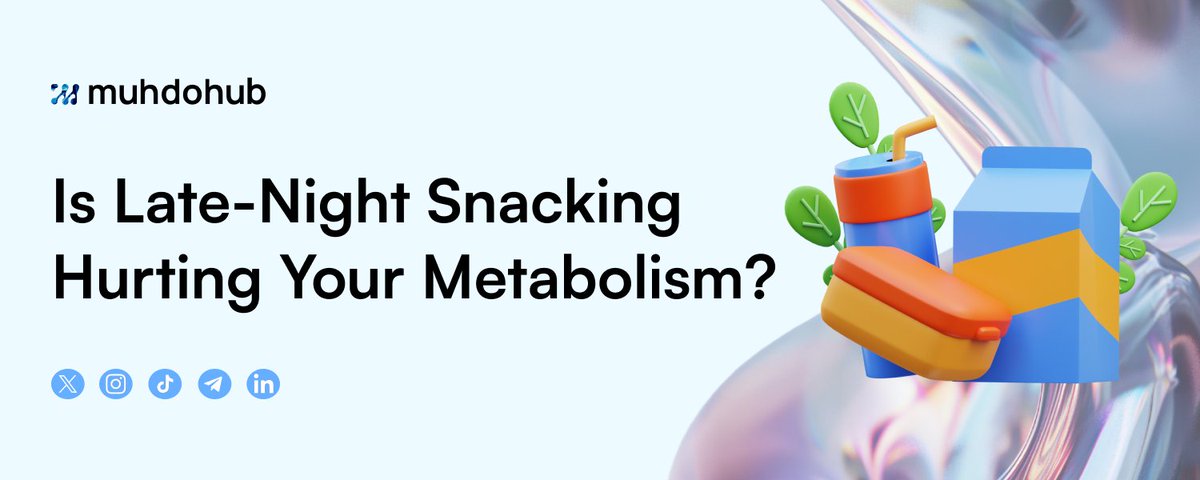 Muhdohealth's tweet photo. Is Late-Night Snacking Hurting Your Metabolism? 🍔
Your body runs on a 24-hour cycle, and it affects more than just your sleep. From digestion to skin health, your internal clock plays a huge role in keeping you in tip-top shape. 🌞

Here’s something interesting: After 12 hours of being awake, your body’s ability to process food especially carbs drops, and your insulin sensitivity increases. This not only affects your metabolism but can also impact how well your skin repairs UV damage. 🌞

Sticking to a regular eating pattern can help keep your body’s internal clock in sync. So, those late-night snacks might be doing more harm than you think!
Have you noticed any changes in your skin or energy levels when you snack late at night? 

Let’s chat below! 👇
#Muhdo #DeSci