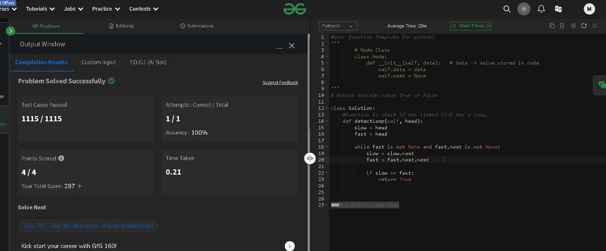 mansik0905's tweet photo. Day 68/160 #gfg160 #geekstreak2024 #geekstreak2025 #womeintech. today i solved the question of DETECT LOOP IN LINKED LIST . #python #Coding #RepublicDay2025 . Happy Republic day. :) https://t.co/WqCB4vTYau
