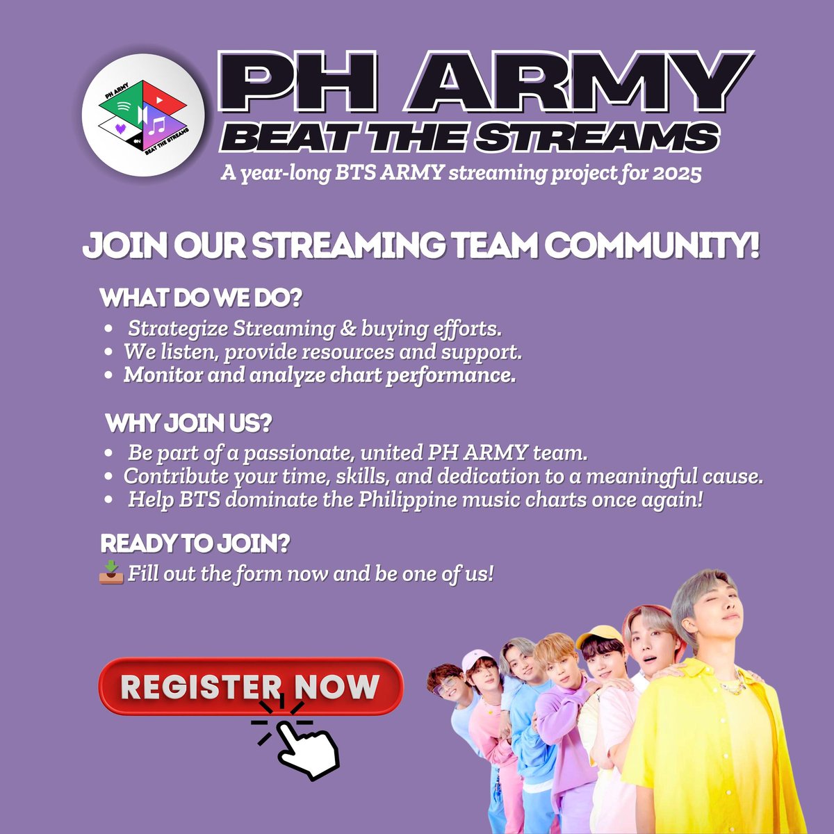 2! 3! 💜

PH ARMYs, we know you're already streaming, so why not take it to the next level with our streaming community? Let's work *smarter* together!  

Every stream and effort counts. Together, we can make history! 💜  

Ready to join us?

Register now