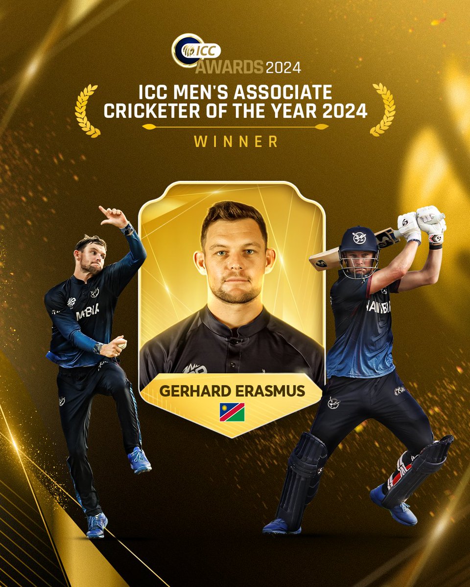 Consistency personified 🌟

For the second time, Namibia's talismanic captain, Gerhard Erasmus, is named ICC Men’s Associate Cricketer of the Year 🇳🇦