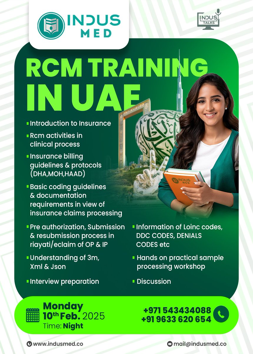 indus_talks's tweet image. RCM TRAINING IN UAE
Starts from 10th February 2025
Time:Night
Website:indusmed.co
Email id:mail@indusmed.co

#indusmed #RCMtraininginuae #introductiontoinsurance
#intership #February10
#DDCcodes
#DHA,MOH,HAAD#medicalcoding #coding 
#industalks #induseducation
#cpc