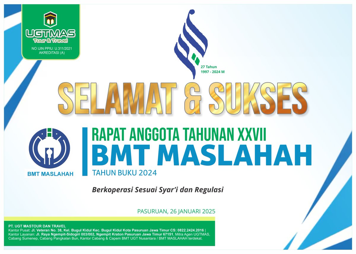 UgtmasP's tweet photo. SELAMAT DAN SUKSES

Rapat Anggota Tahunan XXVII
BMT MASLAHAH (TAHUN BUKU 2024)
"Berkoperasi Sesuai Syar'i dan regulasi" https://t.co/wvGxLi4mfd