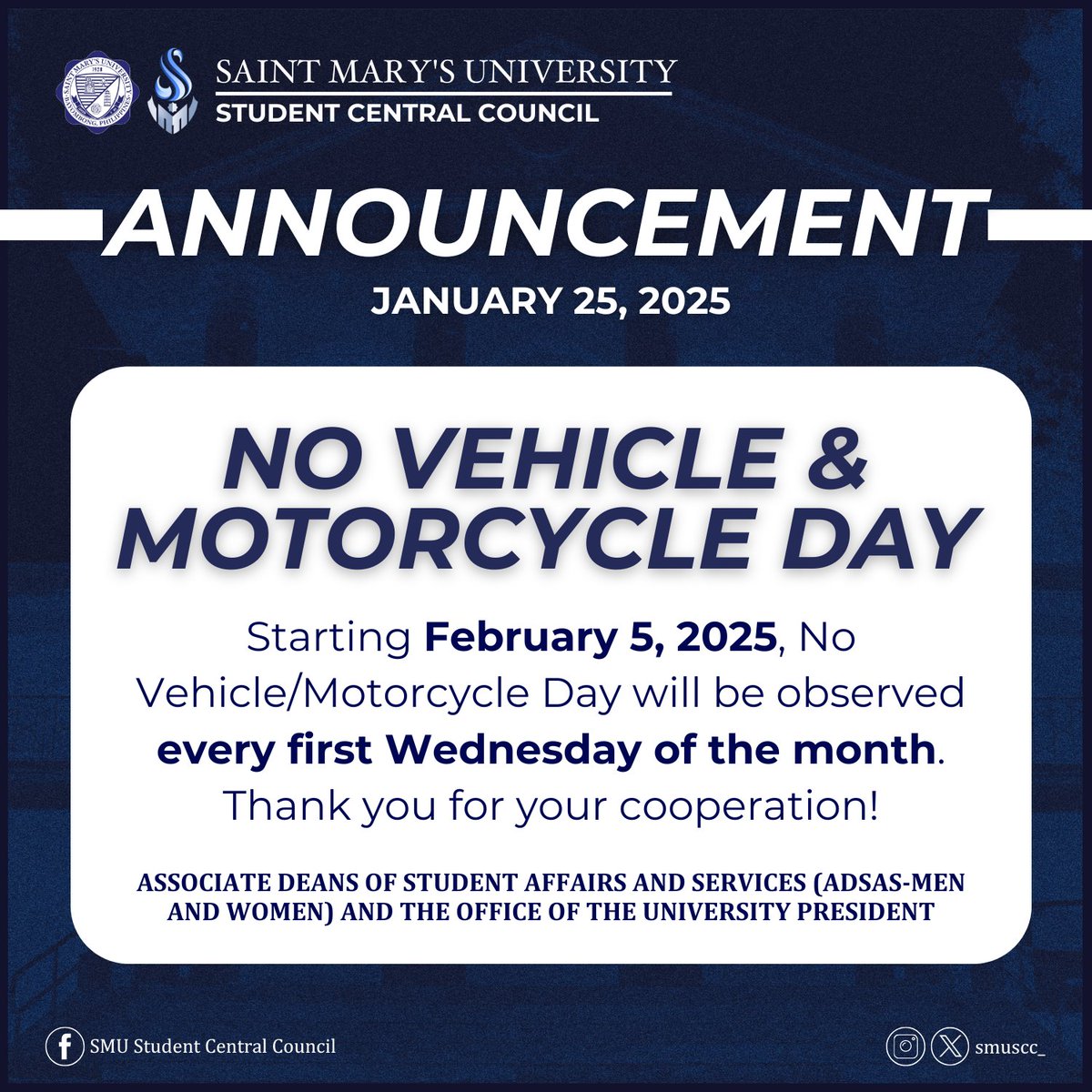 smuscc_'s tweet photo. 📢 ANNOUNCEMENT

Starting February 5, 2025, No Vehicle/Motorcycle Day will be observed every first Wednesday of the month, per the Universityʼs alignment with its CHSF principles and Laudato Si. https://t.co/4VlBwfdRBH