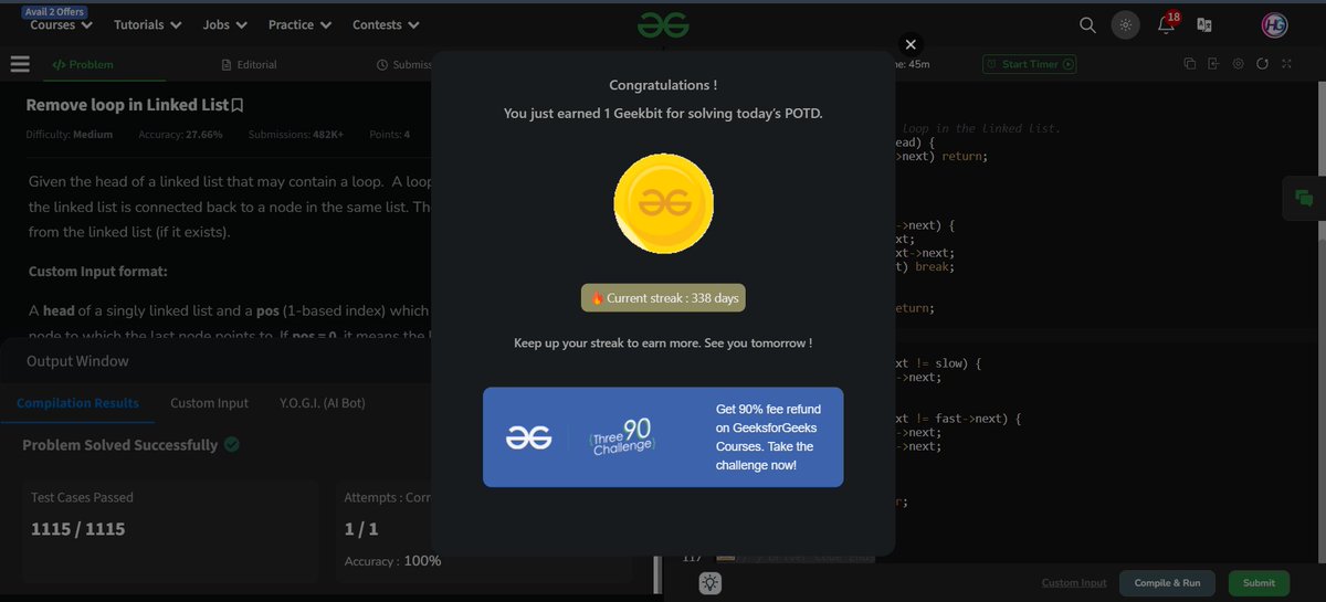 harshitgupta100's tweet photo. 🚀 Day 73 of #GfG160 Challenge 🎯
✅ Solved: Remove loop in Linked List
Let's keep the streak going! 💪
#gfg160  #geekstreak2024 @GeeksforGeeks https://t.co/5d4DLfBVGc