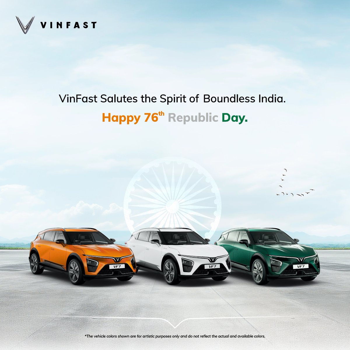VinFastIN's tweet photo. On this Republic Day, we celebrate our nation's diversity, resilience, and innovative spirit. 
Salute to a Truly Boundless Nation.

#RepublicDay #republicday #RepublicDay2025 #republicdayindia  #republicdaycelebration #republicdaywishes #VinFast #VinFastIndia #76threpublicday https://t.co/zOx340ps2X