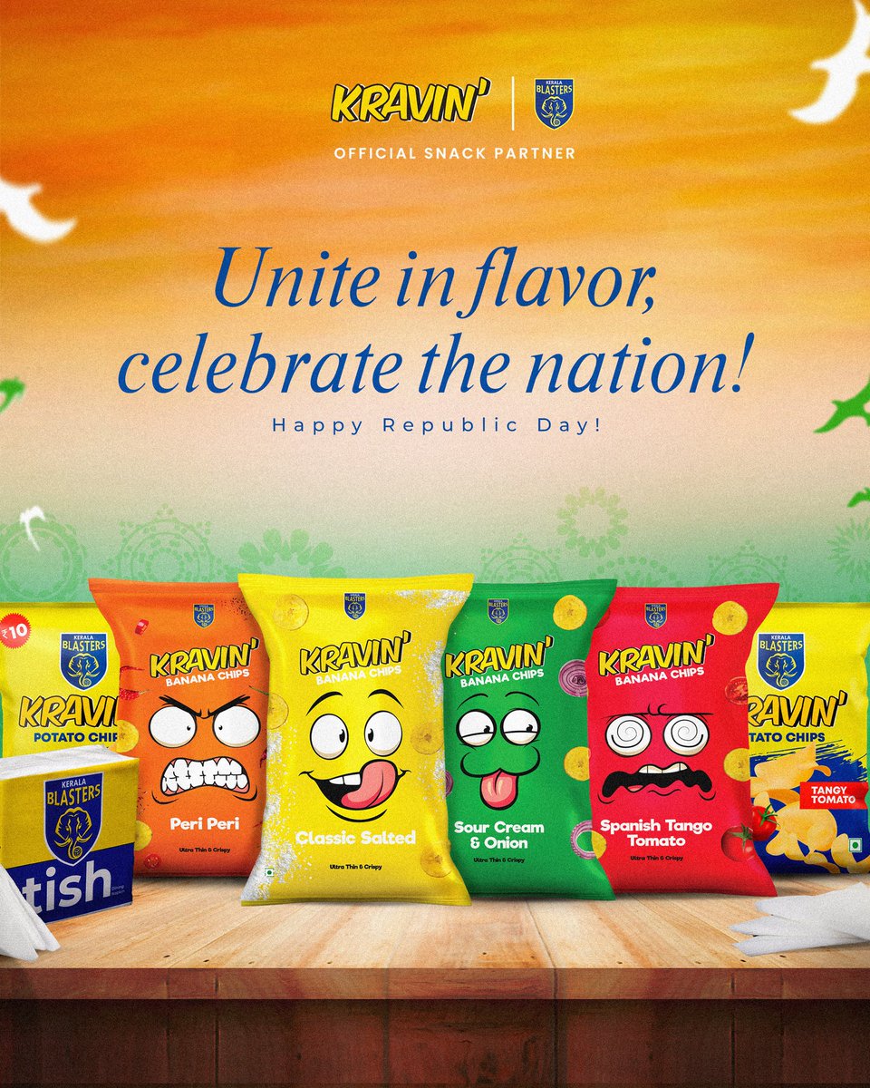 KravinIndia's tweet image. This Republic Day, let's celebrate the joy of freedom, unity, and the spirit that binds us all together. 🇮🇳 

#RepublicDay #Kravin #BananaChips #Snacks #Tish
