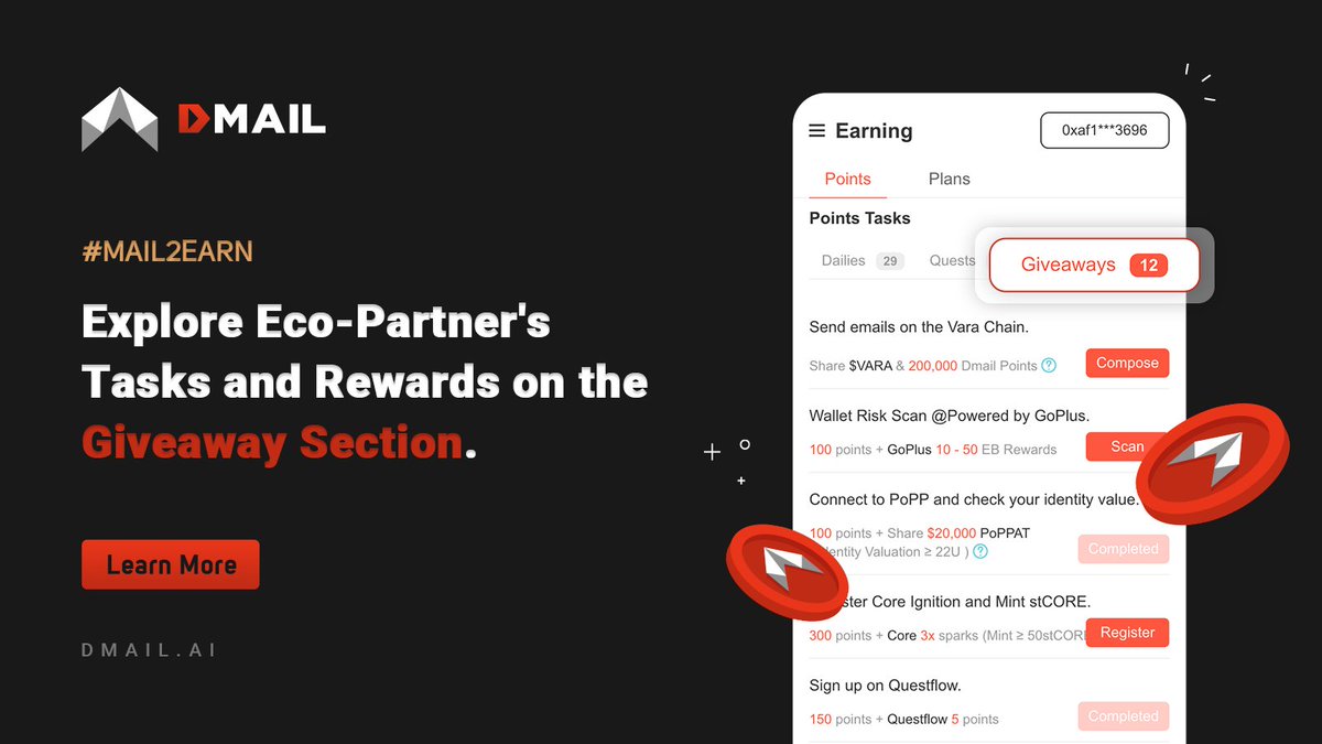 Dmailofficial's tweet photo. 🚀 Unlock Rewards with Dmail’s #Giveaways Section!
Complete exciting tasks from our eco-partners and earn points, tokens, and exclusive rewards. 💰
💡 Boost your earning potential with #Mail2Earn:
✅ Explore tasks daily
✅ Share, connect, and earn
✅ Join 45M+ users already on board
🎁 Don’t miss out—rewards are waiting! Join now and share the excitement: https://t.co/OvJn1m8aCp
#Web3 #Giveaway #Airdrop