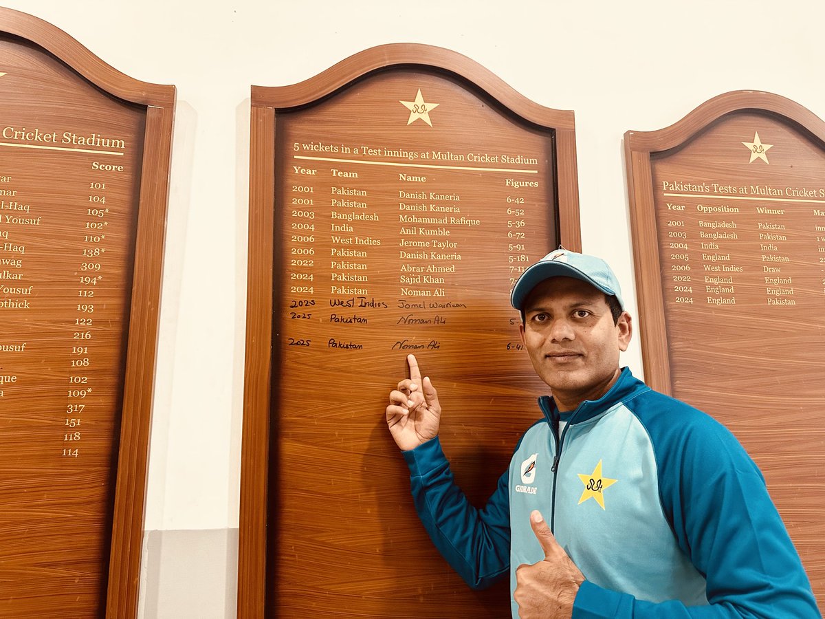 A hat-trick and 6️⃣ wickets - Noman Ali is on the Multan Cricket Stadium honours board for the third time 👏

#PAKvWI | #RedBallRumble