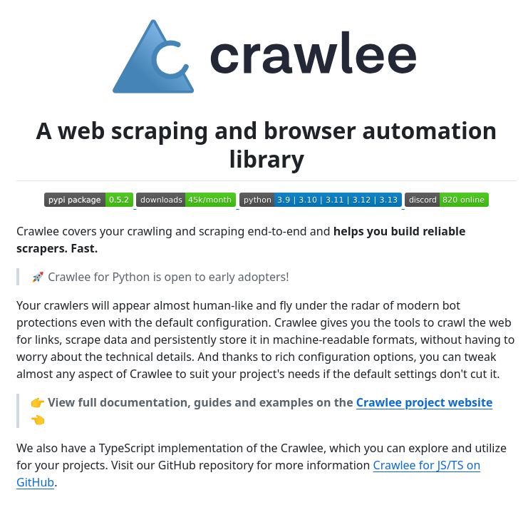 tom_doerr's tweet photo. Crawlee for Python: Web scraping and browser automation library https://t.co/sGH3iaWnXX