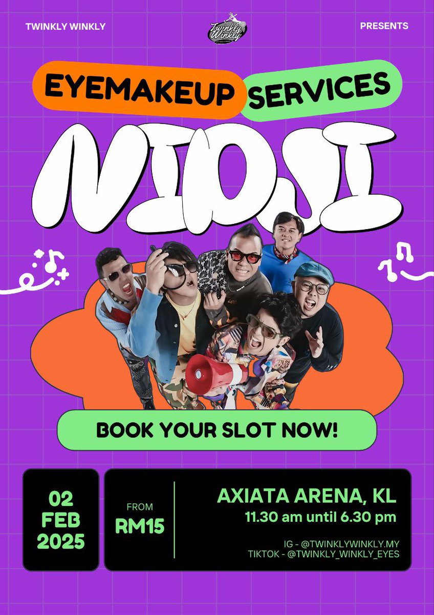 Twinkly_Winkly's tweet image. NIDJI EYEMAKEUP SERVICE 💜🧡💚 

Eyemakeup yang korang nanti-nantikan is finally released! 🎉  
Apa tunggu lagi? Cepat-cepat DM kami sekarang untuk secure slot korang! 💥  
Jangan lepaskan peluang guys, slot sangatlah limited! 🎤 ✨

#NidjiinKL
#Nidji
#TheNewChapter