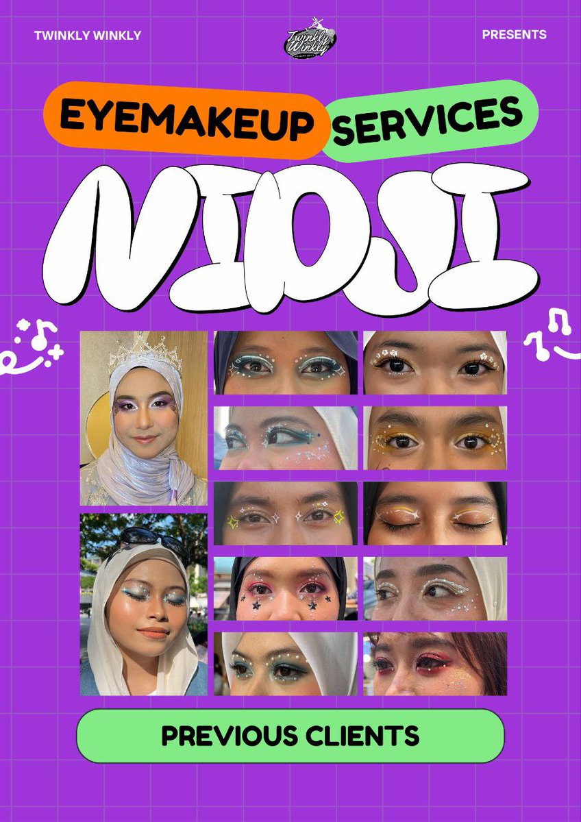 Twinkly_Winkly's tweet image. NIDJI EYEMAKEUP SERVICE 💜🧡💚 

Eyemakeup yang korang nanti-nantikan is finally released! 🎉  
Apa tunggu lagi? Cepat-cepat DM kami sekarang untuk secure slot korang! 💥  
Jangan lepaskan peluang guys, slot sangatlah limited! 🎤 ✨

#NidjiinKL
#Nidji
#TheNewChapter