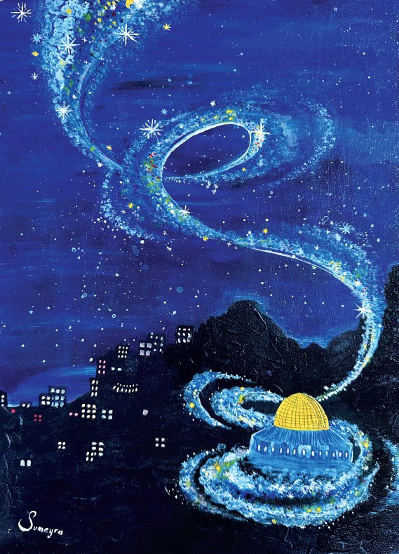 “İki rekat kıldı Aksâ’da namaz
Öyle emr etmiş idi ol bî-niyâz

Gördüler nurdan kurulmuş merdivân
Merdivândan oldular göğe revân”

Süleyman Çelebi’nin Mevlid’inden Miraç bahsi ve çizimim ✨