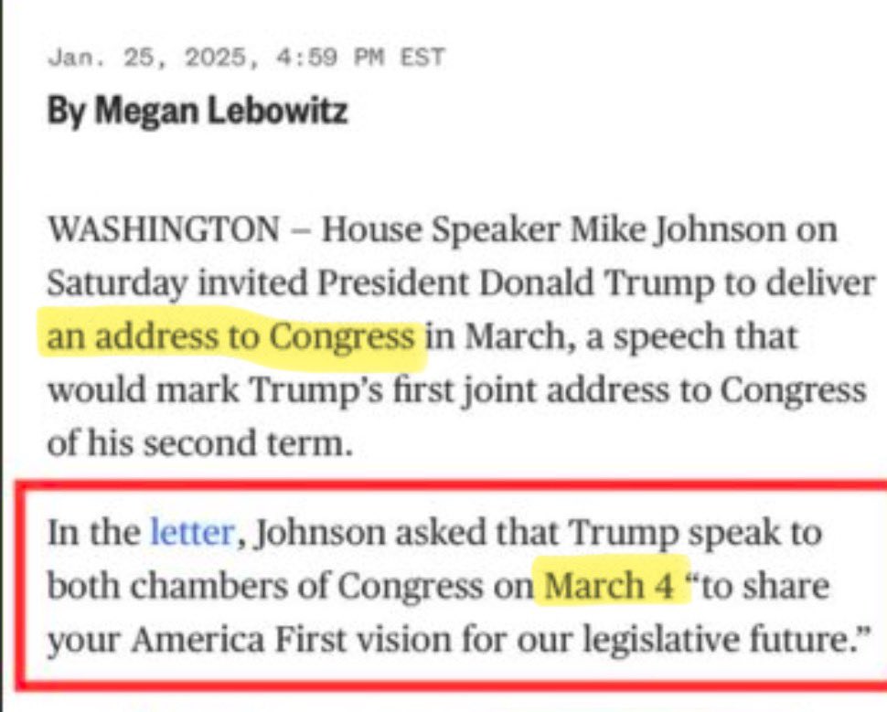THE MOST IMPORTANT post I will ever make: 🔥

March 4, 2025. Trump is invited by Speaker Mike Johnson to speak to Congress to share his American First vision for our LEGISLATIVE FUTURE. 

Going all the way back to 1788. Congress chose March 4. Ratification of our CONSTITUTION