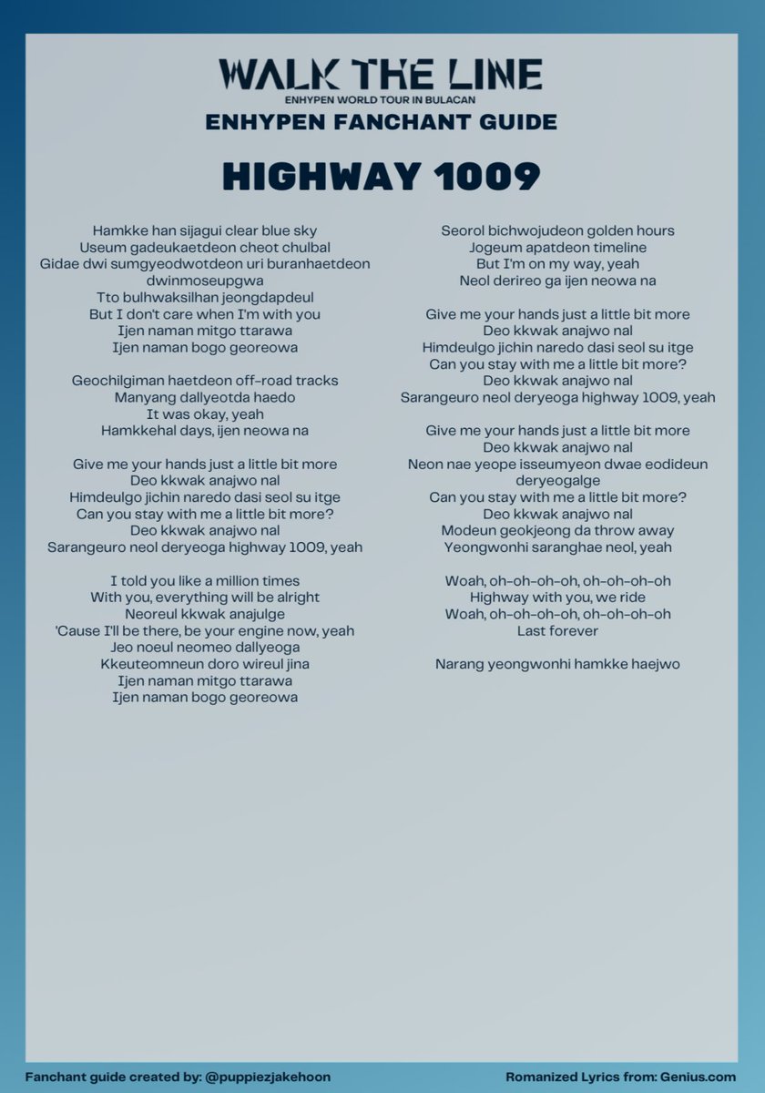 snsnwnyang's tweet photo. ASSIGNMENT # 1

Memorize buong lyrics ng highway 1009 at XO nang word by word 

Kase bungi bungi tayo kumanta pag dating sa korean lyrics 👨‍🦯👨‍🦯👨‍🦯👨‍🦯

Youtube link for all romanized lyrics of all songs enha performed during all walk the line cons: 

https://t.co/4yCjQEdYoT https://t.co/sXnrF9TJVb