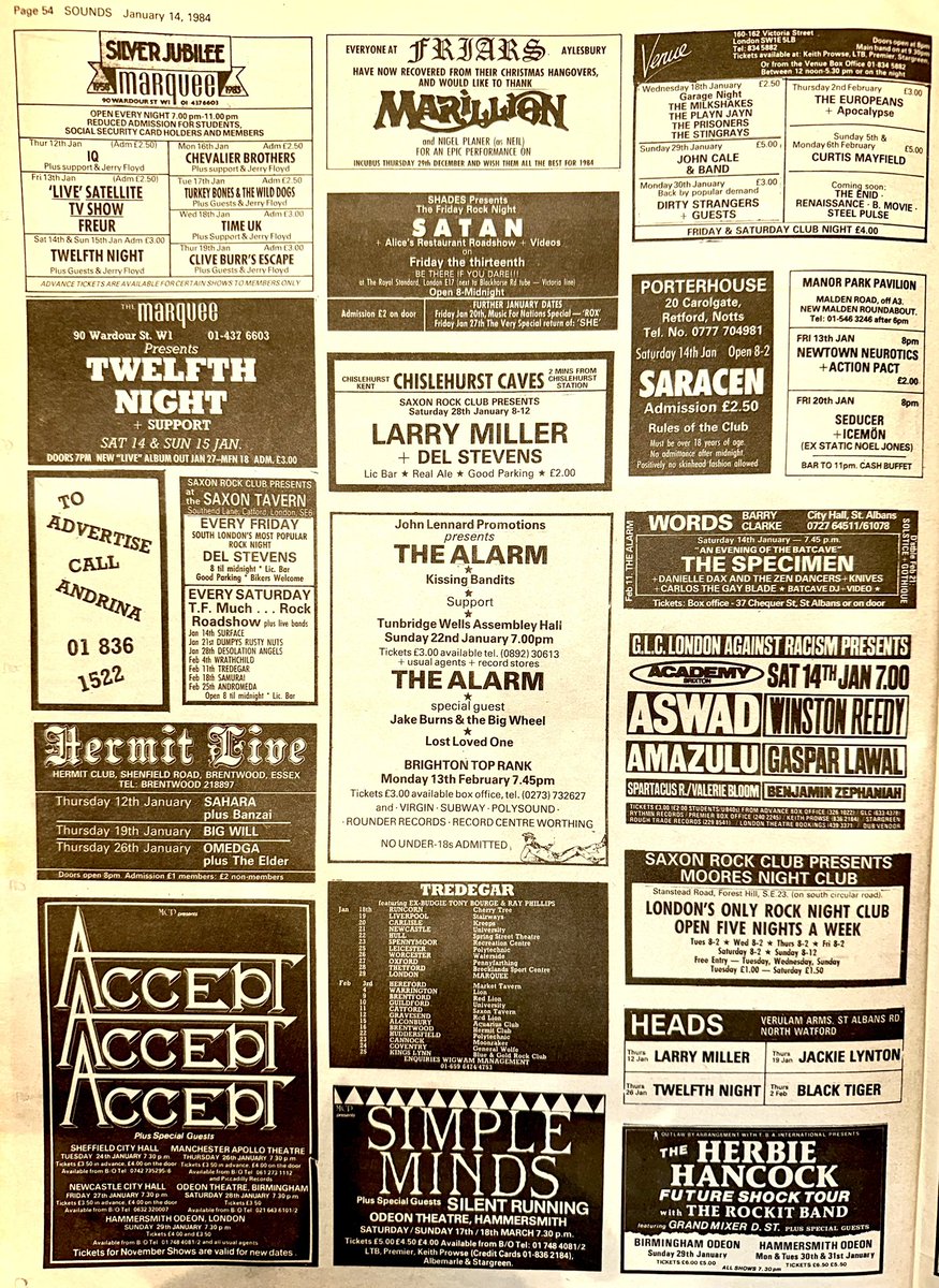 ZoundsAbound's tweet photo. I’m going to the Manor Park Pavillion for @NNeurotics & #ActionPact this week & then #IQ at the Marquee & #Tredegar at the Runcorn Cherry Tree
Finally, #TheMilkshakes at the Venue
Sounds Jan 14th 1984 https://t.co/d8KLVzAY92