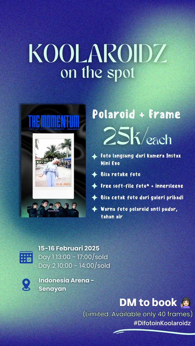 🌟JASA FOTO POLAROID by koolaroidz at NCT 127 4TH TOUR 'NEO CITY: THE MOMENTUM JKT🌟

Momen once-in-a-lifetime bisa langsung jadi polaroid lucu tuk kenang-kenangan konser 🤩

📍 Lokasi foto depan entrance gate venue

DM for book! Let's make your concert memories last forever ✨️