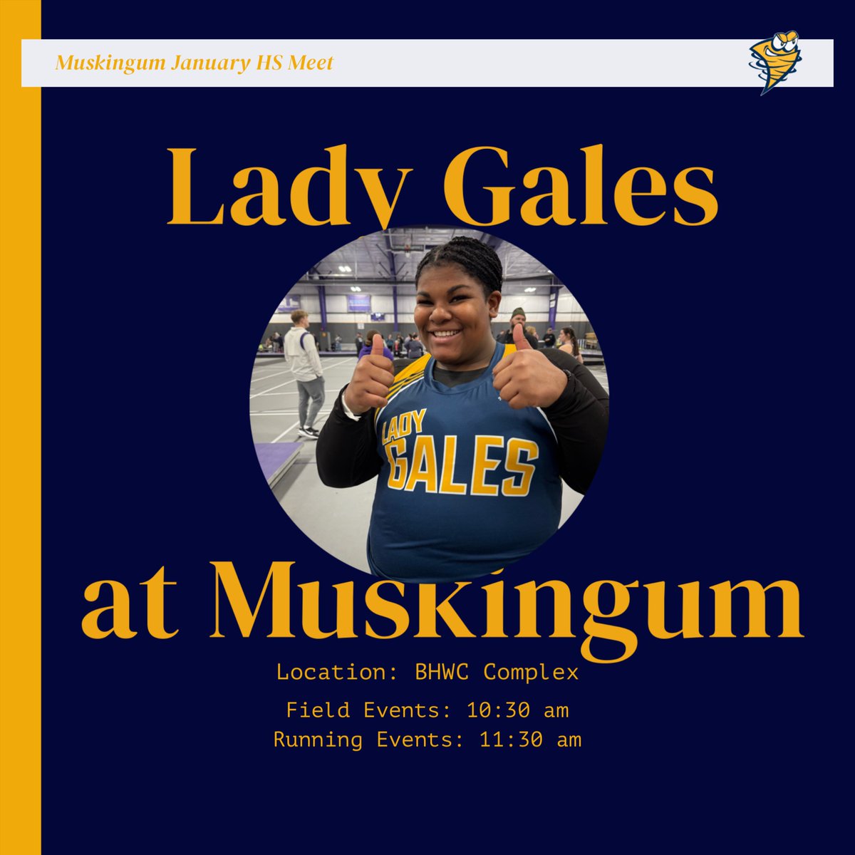 The Lady Gales track and field team is headed to Muskingum today to compete in the Muskingum January HS Meet. Feel free to come cheer us on! #goingtobealongday #butAngelicaisready #thumbsupfortrack #LadyGalesTandF