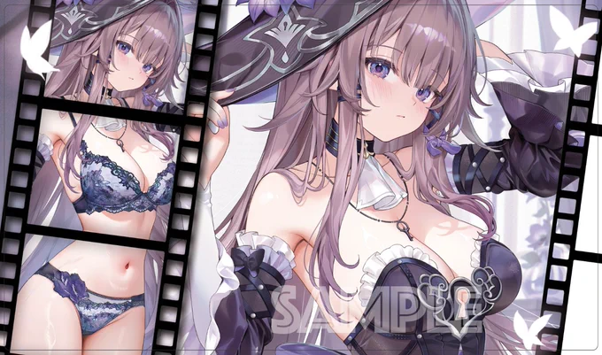 SC2025winter/エアサンクリ 新作発表④マダムヘルタ の スリーブ(一部が光ってます) や プレイマット になります!        イラストレーターは Machi() 様です。  ※プレイマットはフルアート版と横版の2種類があります。 