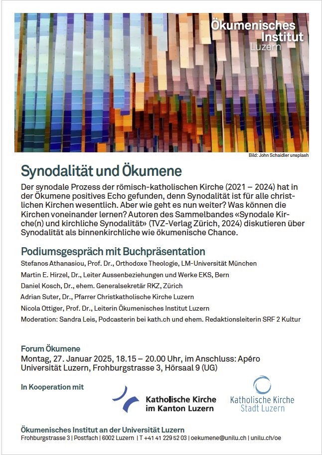 leissand's tweet image. Wie hängen #Synodalität und #Ökumene zusammen? Darüber diskutiere ich am 27. Januar um 18.15 Uhr in der @UniLuzern mit prominenten Vertretern von vier Konfessionen. @StefanosAthanas @danielkosch Adrian #Suter Martin #Hirzel @kathch