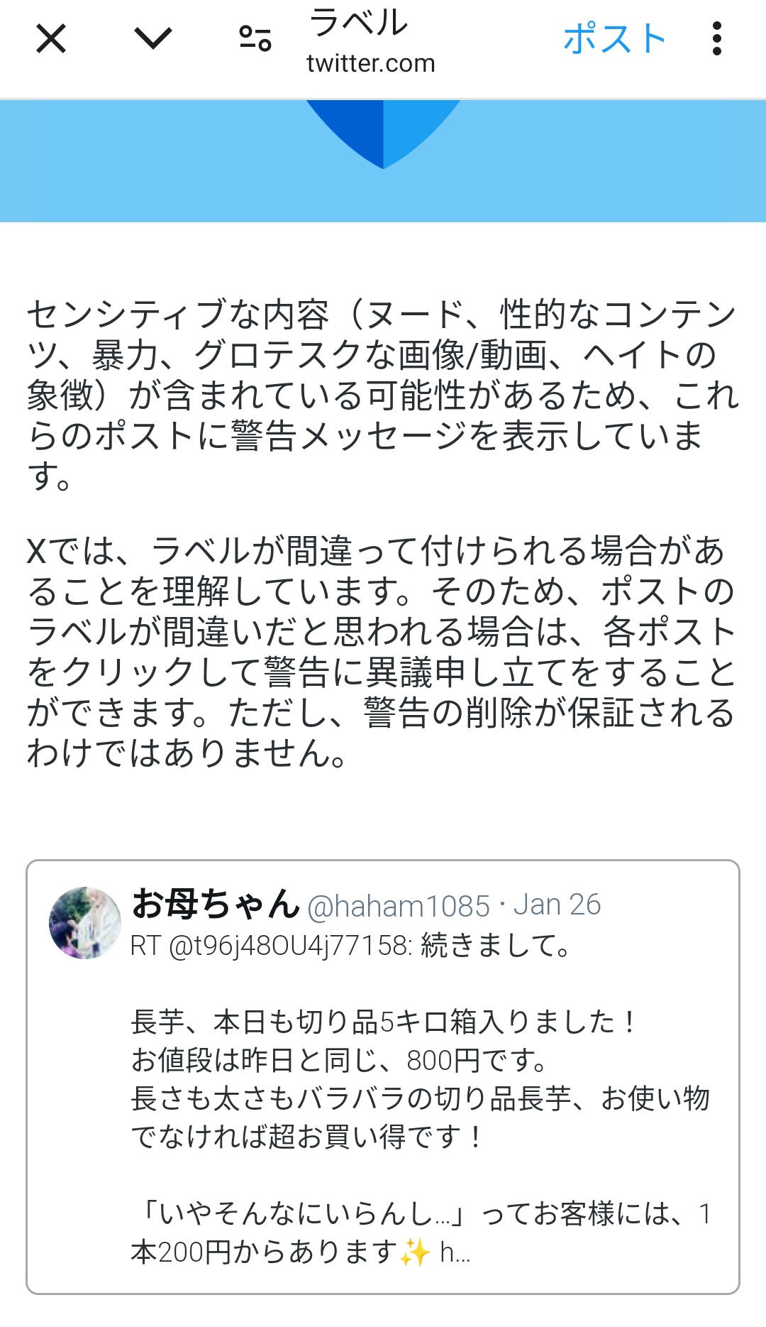 かわいい⋯様、コメント用ページ お母ちゃん в X: „RTした人にもセンシティブの警告って届くんで