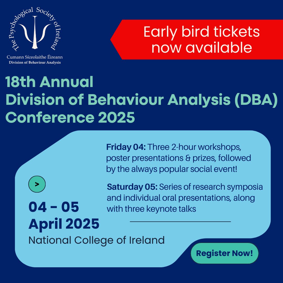 Psychological Society of Ireland (@psychsocireland) on Twitter photo Join <a href="/PSI_DBA/">PSI Division of Behaviour Analysis</a> for its 18th Annual Conference on April 04 & 05! With a fantastic lineup of speakers and workshops, expect to explore topics including sexuality, neurodiversity and behavioural research. Earlybird tickets available until 16 Feb.
Register now: bit.ly/EVnT Join <a href="/PSI_DBA/">PSI Division of Behaviour Analysis</a> for its 18th Annual Conference on April 04 & 05! With a fantastic lineup of speakers and workshops, expect to explore topics including sexuality, neurodiversity and behavioural research. Earlybird tickets available until 16 Feb.
Register now: bit.ly/EVnT