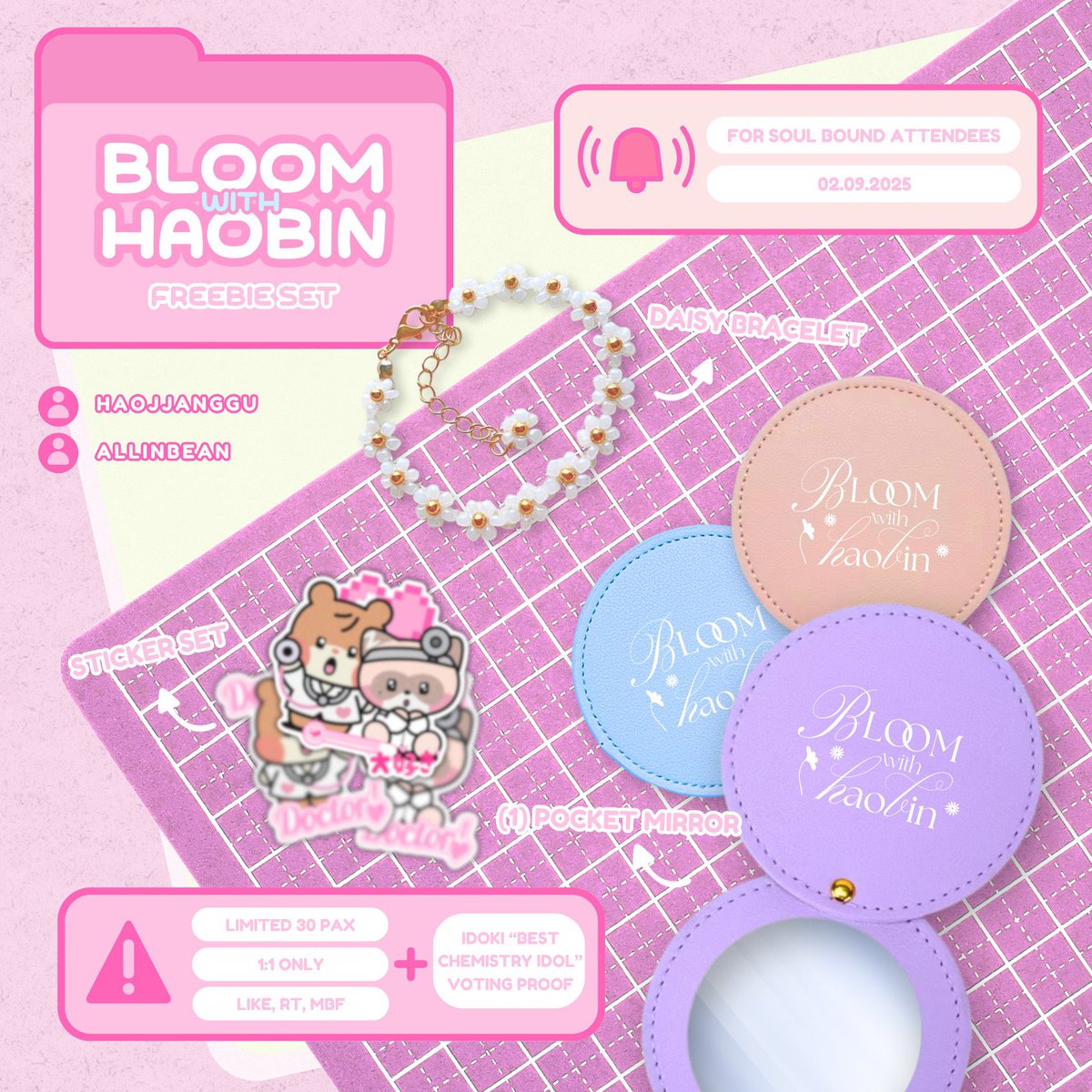 allinbean's tweet photo. ph zerocolas!

we are giving away this set of freebies on feb 9th, soul bound cse by @hamjjangph. we can’t wait to meet you all ♡

more details in the pubmat.

— 𝘮𝘦𝘳𝘰 𝘢𝘯𝘥 𝘮𝘢𝘣𝘴

#BINboundtoHAOveyou https://t.co/sN3VzRFyym