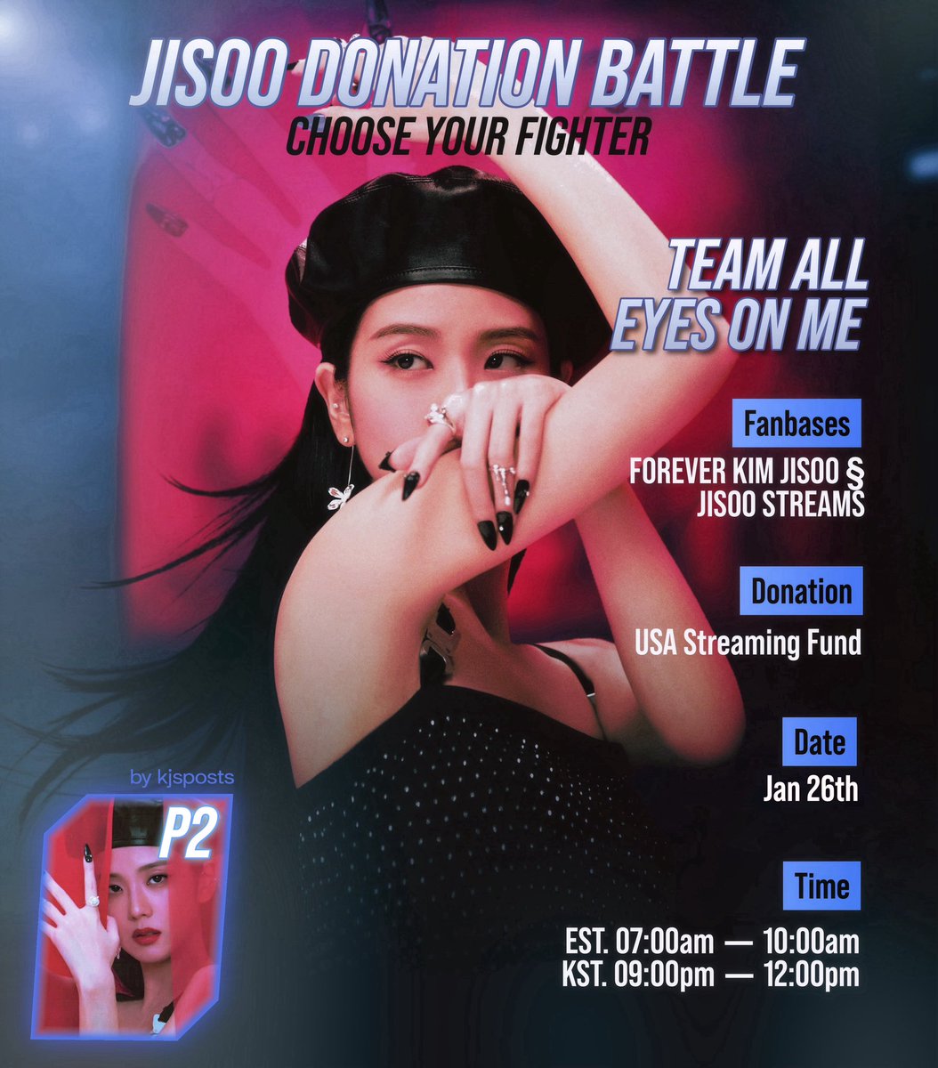 ForeverKimJisoo's tweet photo. #JISOO DONATION BATTLE!
TEAM #AEOM ready for
the battle?! 🤜🤛
Please join us now for this Donation Battle against Team #FLOWER by donating to #JISOO USA Streaming Team Fund
please donate here:
➝ https://t.co/CKcGzRvoST
REPLY BELOW with a Screenshot of your donation to participate‼️
@officialBLISSOO #지수