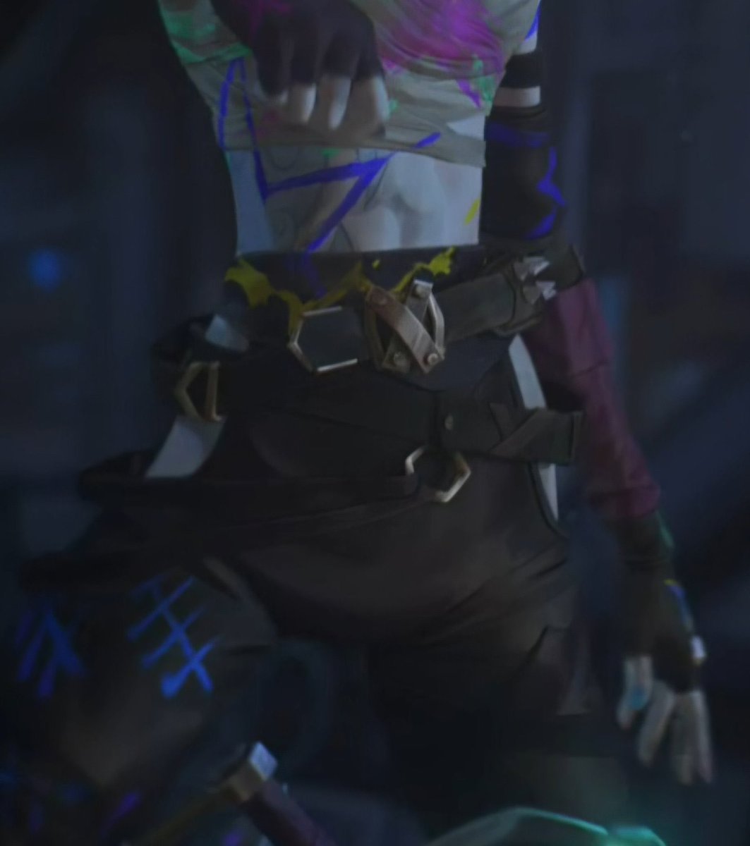 okbrambleberry's tweet photo. My theory is that Jinx’s hip window pants are actually protective chaps (like for horse riding) but for the Zaun miners. Ekko brought them for her to layer with and was like 😳 when she wore them on their own. https://t.co/1p6nY9LbpK