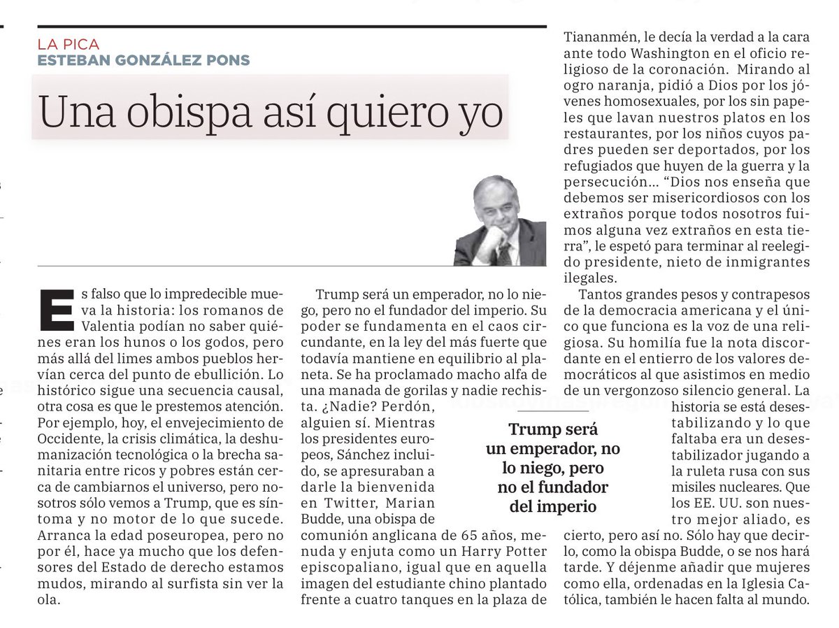 MagdeGuzman's tweet photo. “Tantos pesos y contrapesos de la democracia americana y el único que funciona es la obispa Budde. Déjenme añadir que mujeres como ella,ordenadas en la Iglesia Católica, le hacen falta al mundo.”
Todas las Picas de González Pons en https://t.co/zjLiOxiDhS
#Budde https://t.co/MOiYDNjH53