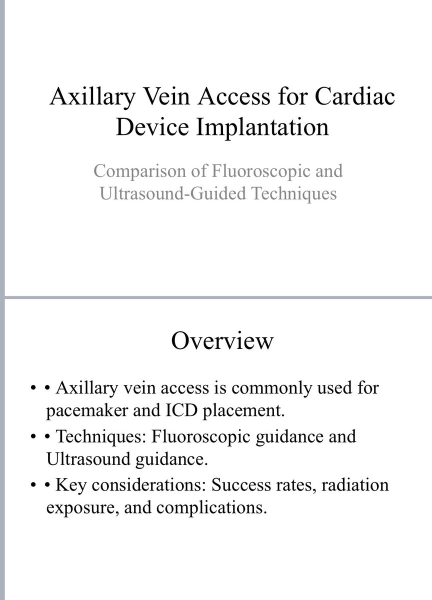 Basalus's tweet photo. “By popular demand, an insightful slide deck comparing #Fluoroscopic vs. #Ultrasound-Guided Axillary Vein Access for pacemaker and ICD placement! 🎯 Dive into the data, techniques, and key findings. #Cardiology #MedicalEducation” https://t.co/isCH7Ub5xc