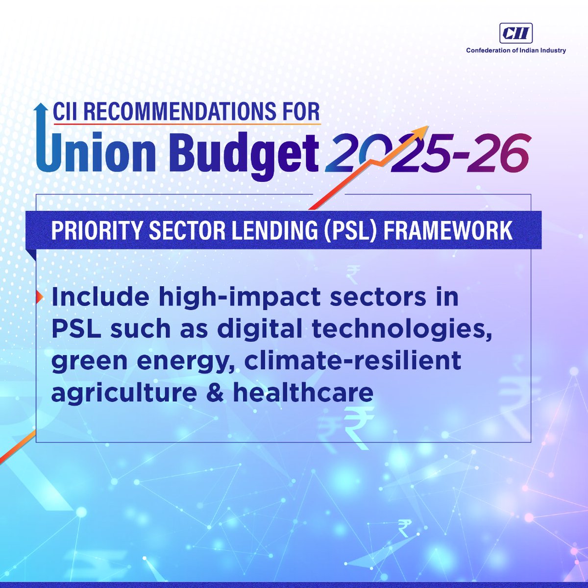 FollowCII's tweet photo. To ensure that emerging & high impact sectors receive adequate financial support, the PSL framework requires regular recalibration, in line with GDP contributions and sectoral growth potential.
#CIIRecommends inclusion of emerging and high-impact sectors in PSL such as digital technologies, green energy, climate-resilient agriculture & healthcare. #CII4Budget #CII4Budget2025 #UnionBudget2025 #Budget2025 @nsitharamanoffc @FinMinIndia