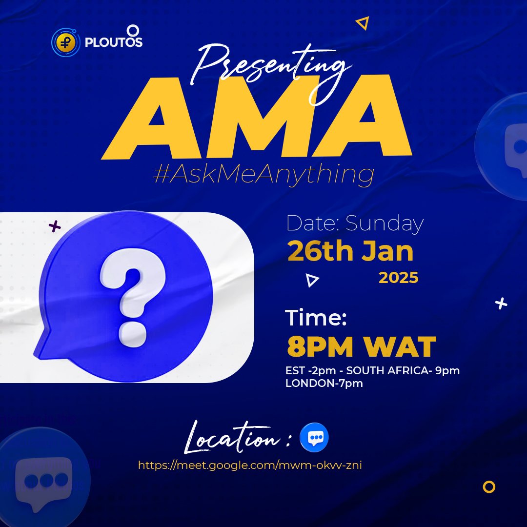 ploutoslabs's tweet photo. AMA LIVE !!!!! ๐๐๐
Ask everything and anything about Ploutos!!
Date: January 26, 2025.
Time: 8pm WAT, 7pm UTC, 4pm EST
Venue: Google met https://t.co/DtwC22icxq
Come with all your questions.
Don't fade Ploutos ๐๐๐ฐ๐ฐ
#Crypto
#CryptoNews
#ploutoslab
#Trump https://t.co/yLlQ0Ew2K1
