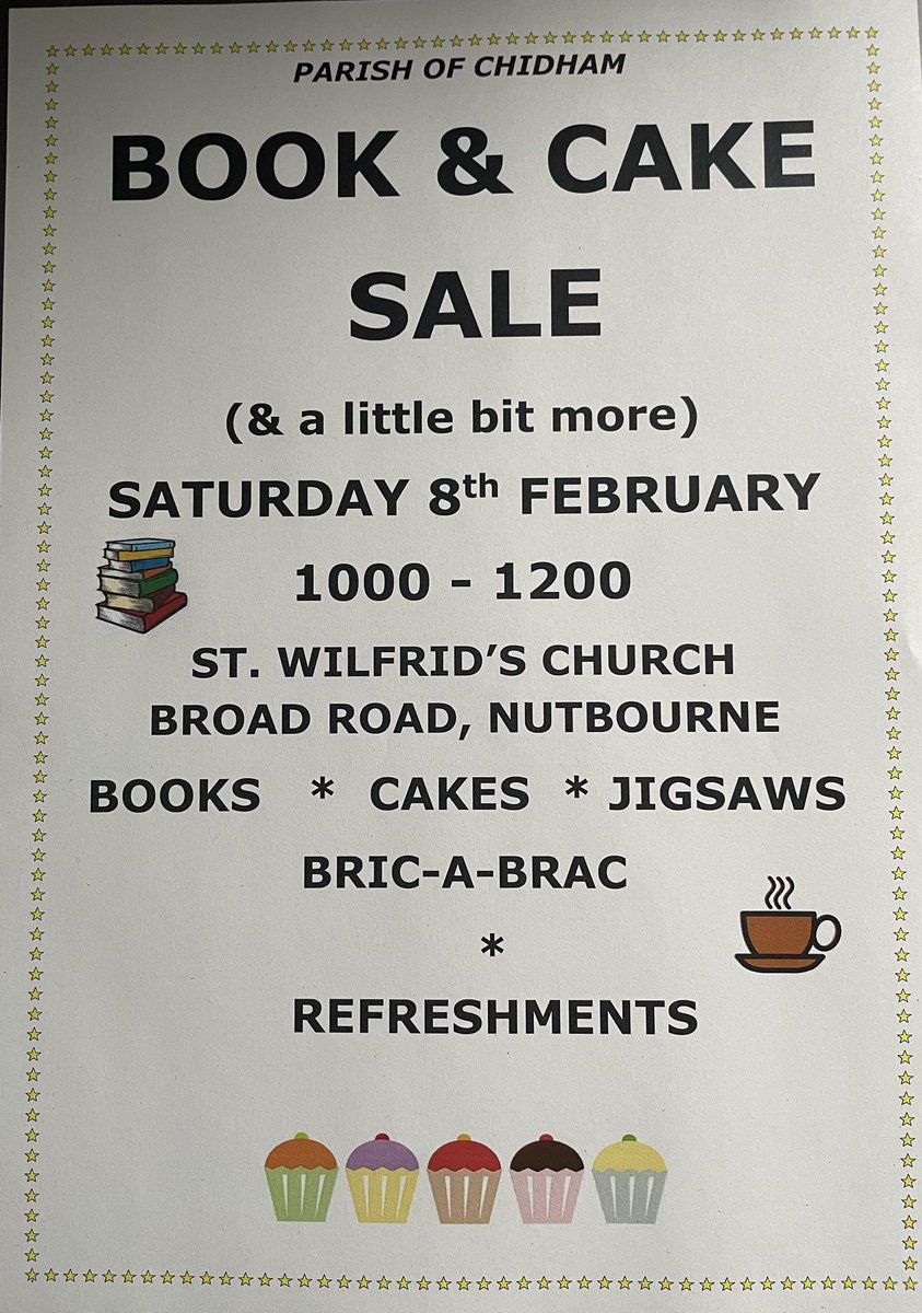 Only 2 weeks to go to
our 4th Book &amp; Cake Sale.  Sat 8th February! St Wilfrid’s Broad Road Nutbourne 1000-1200. All books 50p. Come and browse our varied selection, also jigsaws, games and bric-a-brac @emsworthonline @LocalVillageMag <a href="/EmsworthLife/">Emsworth Life</a> <a href="/ChidhamHambrook/">Chidham&Hambrook PC</a> <a href="/ChichesterPost/">ChichesterPost</a>