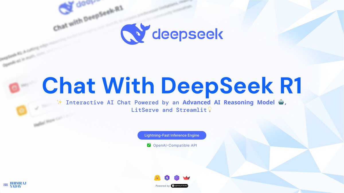 bhimrazy's tweet photo. 🚀 Finally, It's here! Chat with DeepSeek-R1 – Advanced AI Reasoning Model 🤖
🔥 Try out the power of DeepSeek-R1 on @LightningAI Studio! ✨: https://t.co/k8UDUaH1gJ
#AI #DeepSeekR1 #OpenAI #Streamlit #LitServe #ArtificialIntelligence #LLM #AIchat @deepseek_ai @streamlit https://t.co/ICPfC6eMOn
