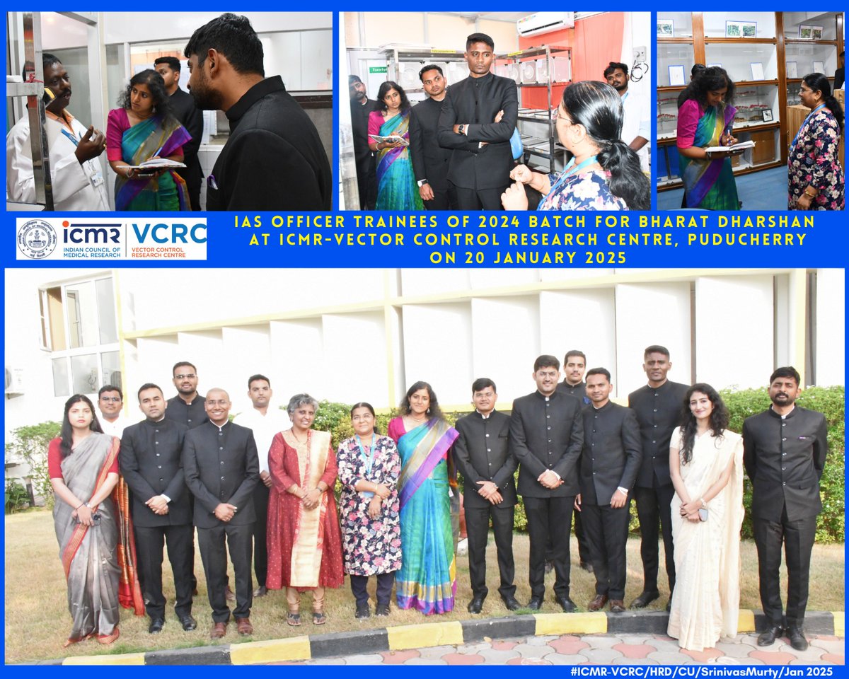 ICMRVCRC's tweet image. As a part of their #BharatDarshan, the #IAS Trainees of the #2024batch visited #icmrvcrc on 20th Jan and interacted with the scientists and staff of @ICMRVCRC to learn more about the vector control research activities at our centre.

We wish them the best for their bright future!