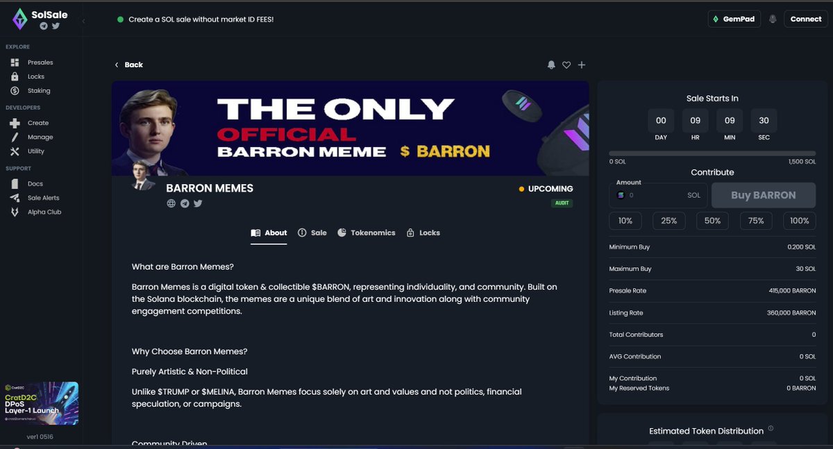 In just 9 hours the Seed sale for early investors of $BARRON goes live on Gempad launchpad.

Benefits of the seed round is a 15% discount on launch price and getting in before the crowd.

You can find details on contributions here:

Link: solsale.app/presale/9s2xsy…