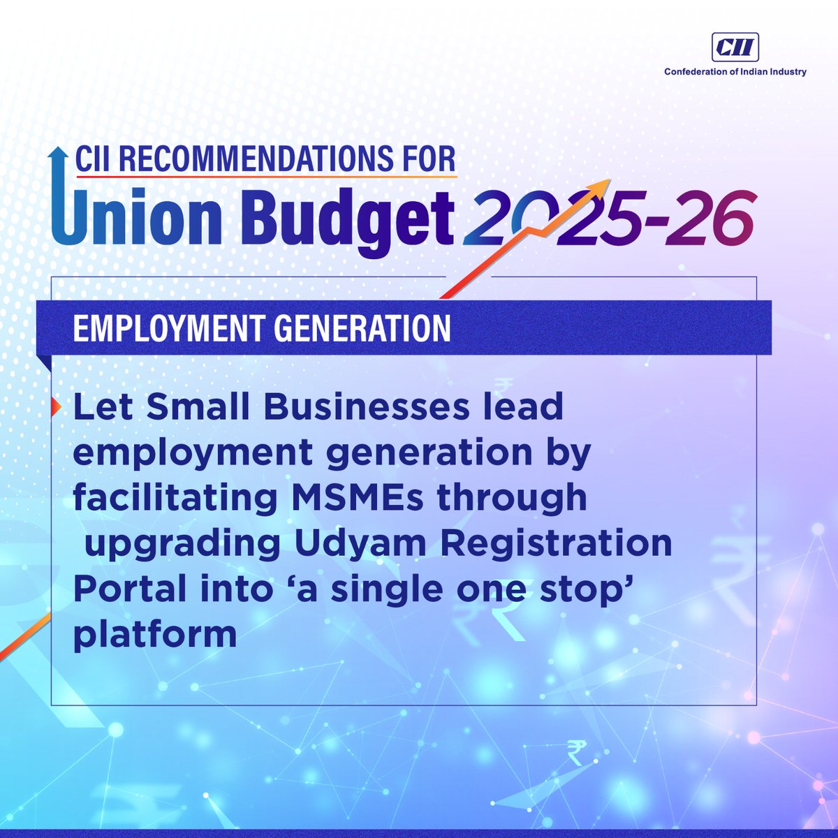 FollowCII's tweet photo. Small businesses are top job creators. #CIIrecommends simplifying regulations and upgrading the Udyam Registration Portal into a single platform linked with GeM, TReDS, and SAMADHAAN for easier compliance. #CII4Budget #CII4Budget2025 #UnionBudget2025 #Budget2025 #MSMEs #Jobs4All #CIIRecommendations @nsitharamanoffc @FinMinIndia @CIIEcoPol @LabourMinistry