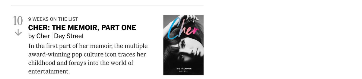 RLTAgency's tweet photo. So pleased that our Cher memoir remains on the New York Times list at number 10 in it’s ninth week. Amazing! https://t.co/jDgVJRyYnt