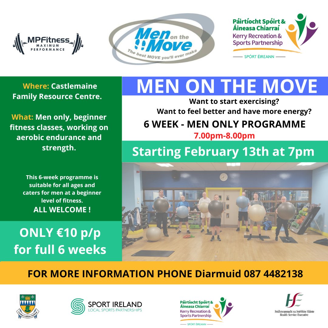 Kerry Recreation and Sports Partnership (@kerryrsp) on Twitter photo 📣 Hey guys, we have a new indoor  'Men on the Move' programme starting in Castlemaine.
  
💶 Just €10 for the 6-week programme
📆 Every Thursday evening starting 13th Feb
⏰ 7pm – 8pm
🔗 Sign up here: eventbrite.ie/e/121467202973… 📣 Hey guys, we have a new indoor  'Men on the Move' programme starting in Castlemaine.
  
💶 Just €10 for the 6-week programme
📆 Every Thursday evening starting 13th Feb
⏰ 7pm – 8pm
🔗 Sign up here: eventbrite.ie/e/121467202973…