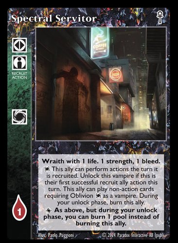 Spectral Servitor is a new card for Vampire: The Eternal Struggle, with art by Paolo Puggioni. It is included in the upcoming Fifth Edition Hecata preconstructed deck. Check out the full deck list and all previews so far at blackchantry.com/vampire-the-et… #vtes #vamily #worlofdarkness
