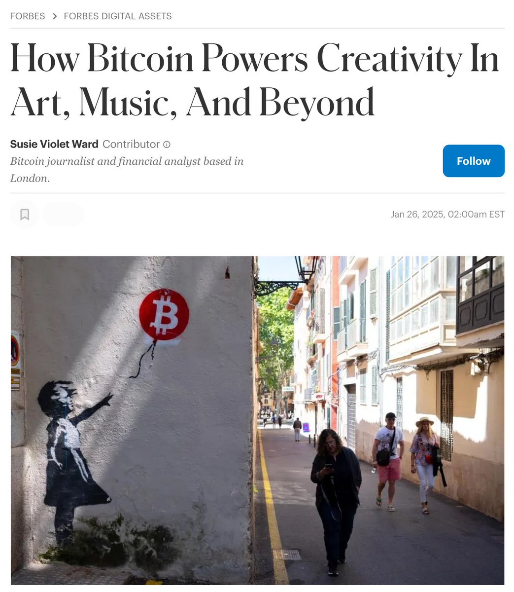 From Barcelona's bustling streets to France's rich art history and London's music scene, creators are using bitcoin as both a medium and a muse.

My latest piece in <a href="/Forbes/">Forbes</a> featuring <a href="/streetcyber_art/">Street CY₿ER</a> <a href="/peterfz3r0/">Fzero</a> <a href="/2140ART_/">2140 ART</a> Cyphermunk House #BitAxe <a href="/hodlhodl/">Hodl Hodl</a> <a href="/Forbes/">Forbes</a> Crypto #Bitcoin