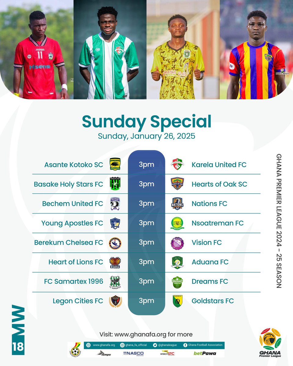GhanaLeague's tweet photo. ⚽️ Matchday - 8️⃣ fixtures on the schedule for today’s #GPLwk18. 

All games kick off at 3 PM. ⏰ https://t.co/EhTmmyVefp