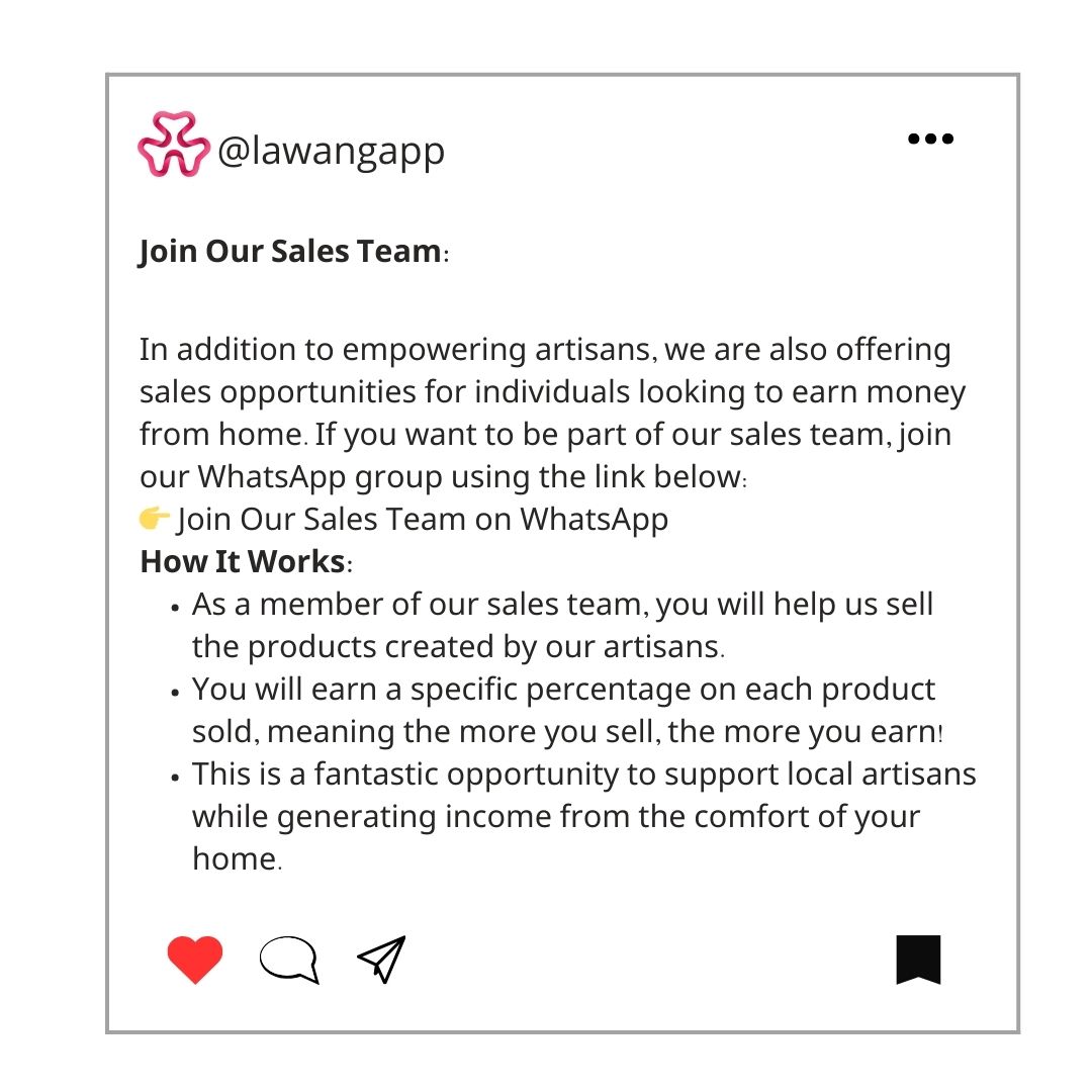 LAWANGAPP's tweet photo. Artisans and Producers:
https://t.co/WIIuE2jpPs

Sales Team:
https://t.co/CiFwUiaF3w https://t.co/Gl274t4Z2Q