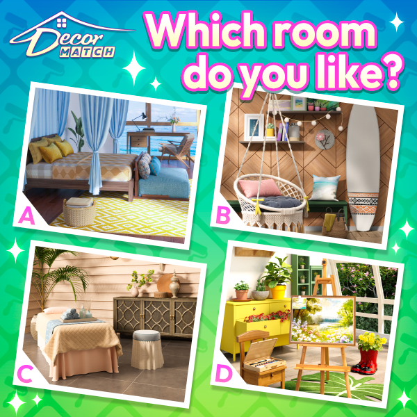 😉 Hey designers! How many rooms have you decorated in the game? 😘

🤔 What kinds of rooms would you like to see more of in Decor Match? 

Share with us in the comments below! 👇 We will pick 3 lucky designers to receive a little gift! 💗