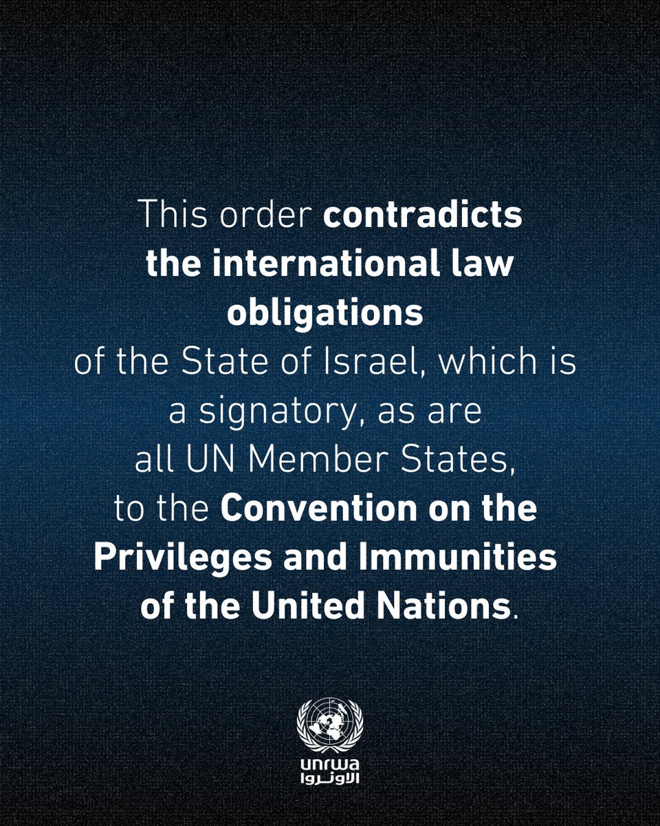 UNRWA's tweet image. The State of Israel ordered UNRWA to vacate all premises in occupied East Jerusalem and cease its operations in them by 30 January 2025.

This order is in contradiction to international law obligations of UN member states including the State of Israel, which is bound by the…